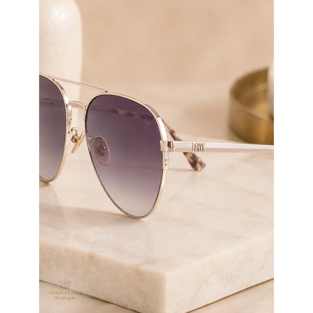 Frye Smoke Pilot Sunglasses Gold Frame Purple Lens Unisex 54395FRY714 NWT